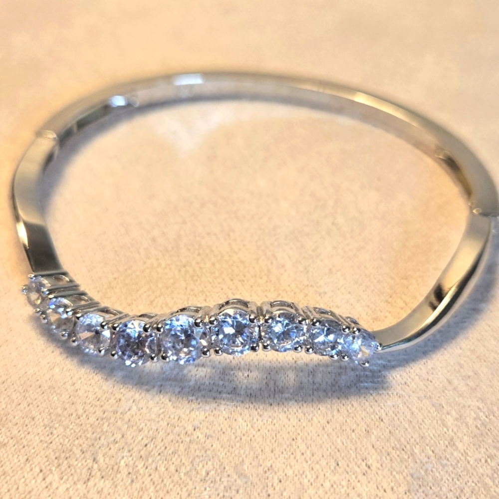 CZ Diamond Look Bangle Bracelet Silver Tone | Elegant Minimal Jewelry